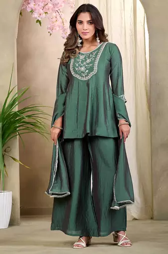 Green embroidered vichitra silk kurti with plazzo and duppata set