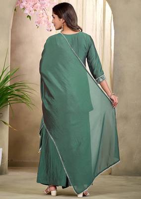 Green embroidered vichitra silk kurti with plazzo and duppata set 4