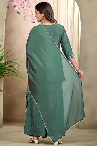 Green embroidered vichitra silk kurti with plazzo and duppata set