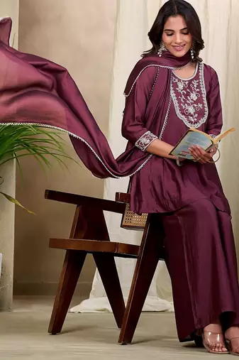 Wine embroidered vichitra silk kurti with plazzo and duppata set