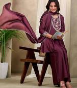 Wine embroidered vichitra silk kurti with plazzo and duppata set