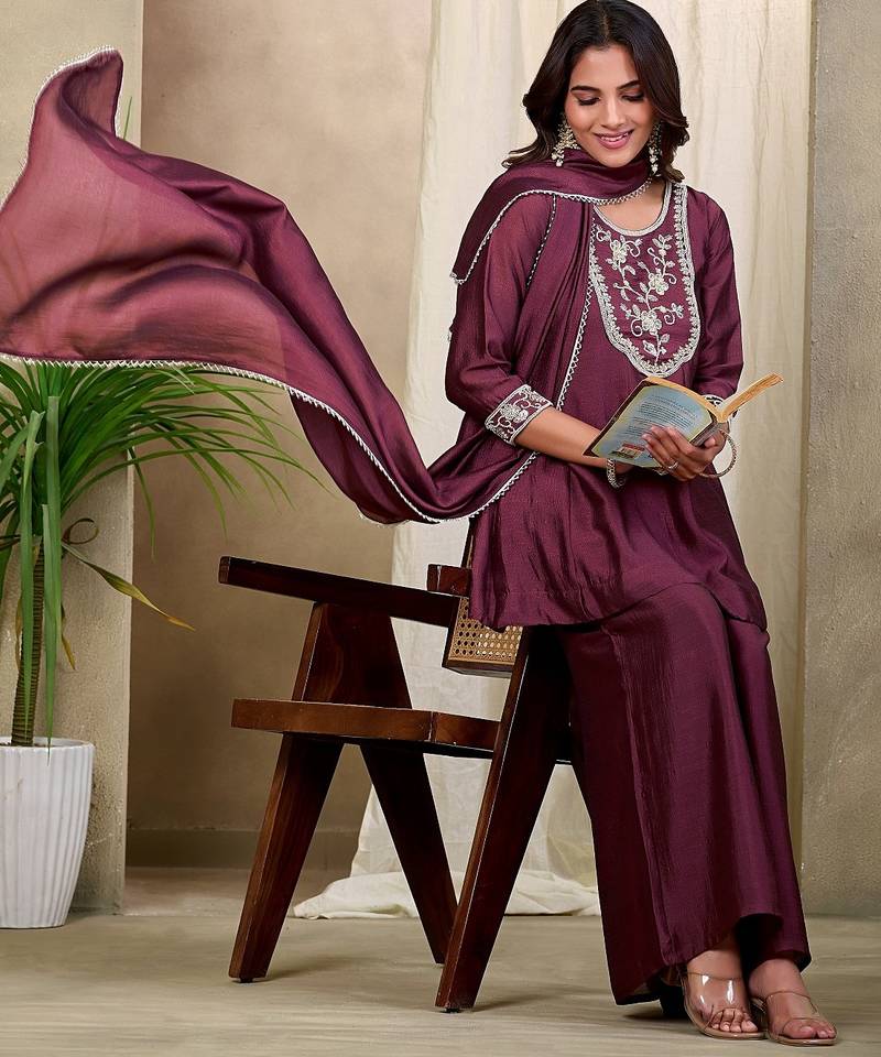 Wine embroidered vichitra silk kurti with plazzo and duppata set