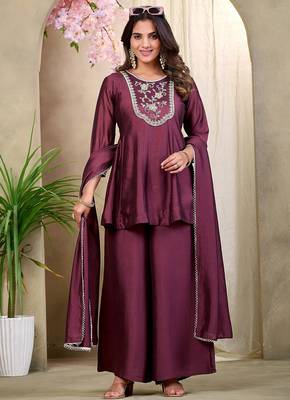 Wine embroidered vichitra silk kurti with plazzo and duppata set 2