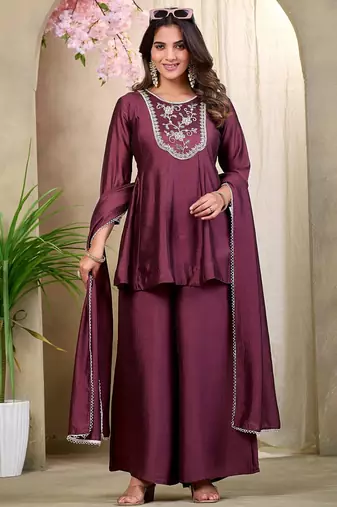 Wine embroidered vichitra silk kurti with plazzo and duppata set