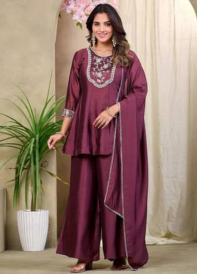 Wine embroidered vichitra silk kurti with plazzo and duppata set 3