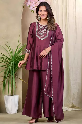 Wine embroidered vichitra silk kurti with plazzo and duppata set