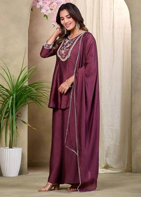 Wine embroidered vichitra silk kurti with plazzo and duppata set 4