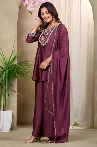 Wine embroidered vichitra silk kurti with plazzo and duppata set