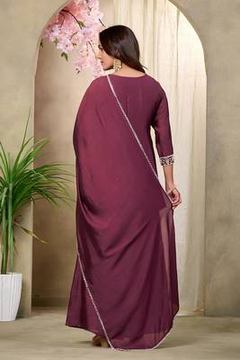 Wine embroidered vichitra silk kurti with plazzo and duppata set 5