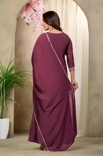 Wine embroidered vichitra silk kurti with plazzo and duppata set