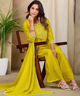 Yellow embroidered vichitra silk kurti with plazzo and duppata set 1