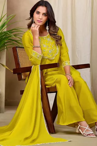 Yellow embroidered vichitra silk kurti with plazzo and duppata set