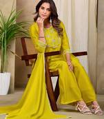 Yellow embroidered vichitra silk kurti with plazzo and duppata set