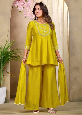 Yellow embroidered vichitra silk kurti with plazzo and duppata set 2