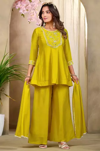 Yellow embroidered vichitra silk kurti with plazzo and duppata set