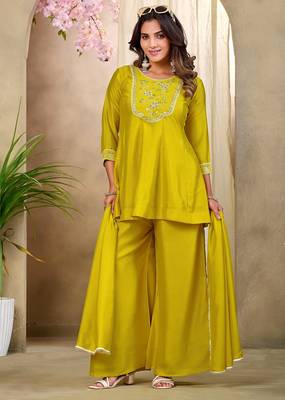 Yellow embroidered vichitra silk kurti with plazzo and duppata set 3