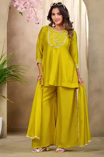 Yellow embroidered vichitra silk kurti with plazzo and duppata set