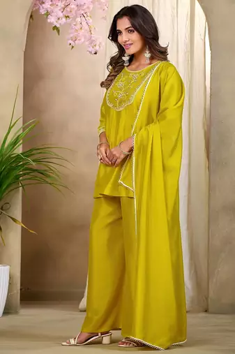 Yellow embroidered vichitra silk kurti with plazzo and duppata set