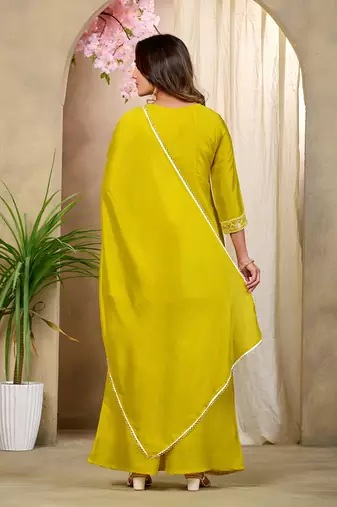 Yellow embroidered vichitra silk kurti with plazzo and duppata set