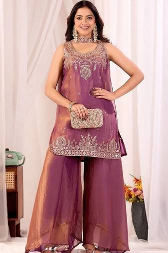 Purple embroidered satin kurti with plazzo and duppata set