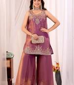 Purple embroidered satin kurti with plazzo and duppata set
