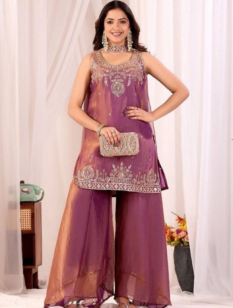 Purple embroidered satin kurti with plazzo and duppata set