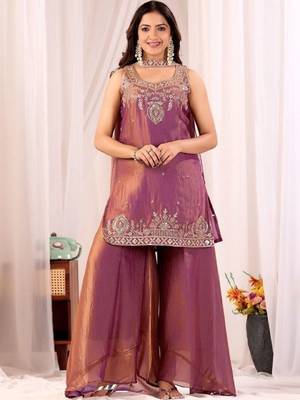 Purple embroidered satin kurti with plazzo and duppata set 2