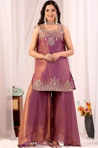 Purple embroidered satin kurti with plazzo and duppata set