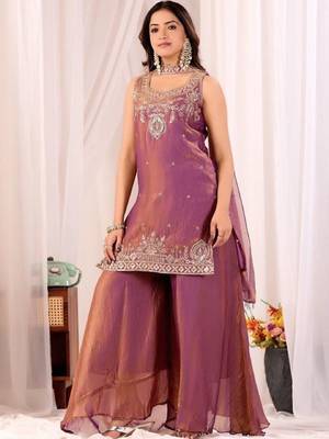 Purple embroidered satin kurti with plazzo and duppata set 3
