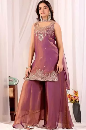 Purple embroidered satin kurti with plazzo and duppata set
