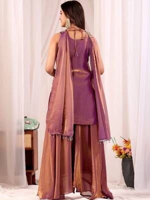 Purple embroidered satin kurti with plazzo and duppata set 4
