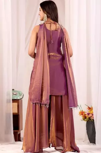 Purple embroidered satin kurti with plazzo and duppata set
