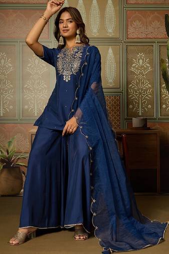 Blue embroidered roman silk kurti with plazzo and duppata set