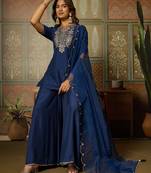 Blue embroidered roman silk kurti with plazzo and duppata set