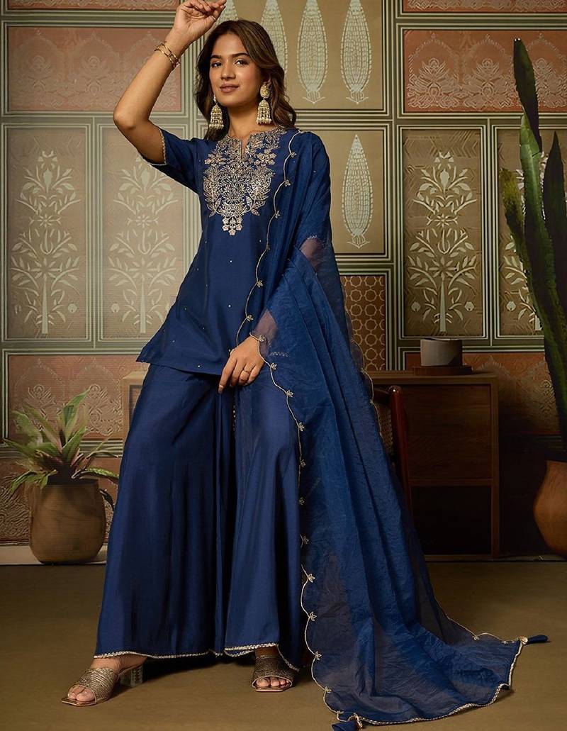 Blue embroidered roman silk kurti with plazzo and duppata set