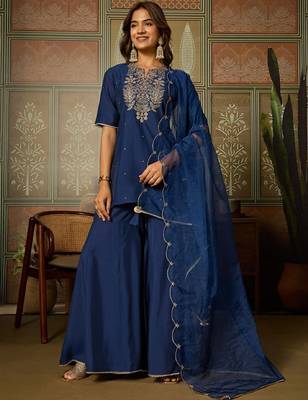 Blue embroidered roman silk kurti with plazzo and duppata set 2