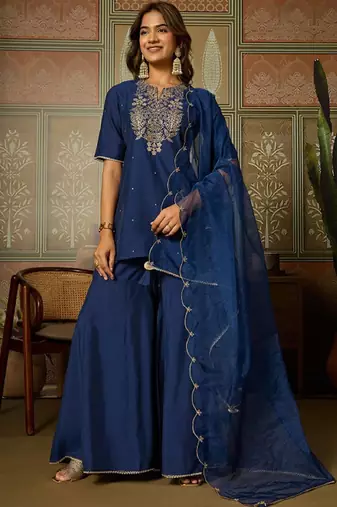 Blue embroidered roman silk kurti with plazzo and duppata set