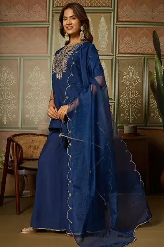Blue embroidered roman silk kurti with plazzo and duppata set