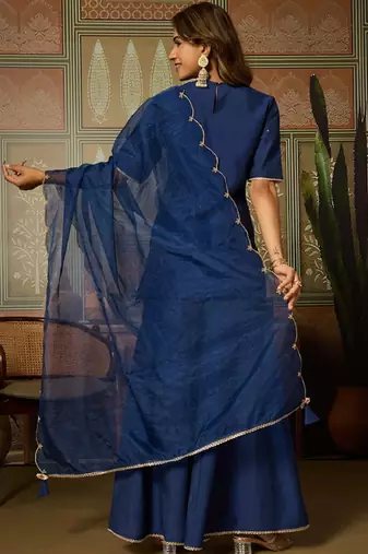 Blue embroidered roman silk kurti with plazzo and duppata set