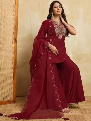 Maroon embroidered roman silk kurti with plazzo and duppata set 1