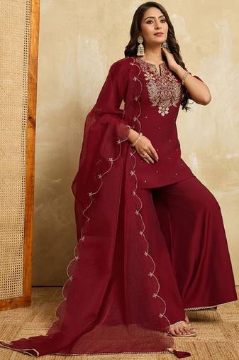 Maroon embroidered roman silk kurti with plazzo and duppata set