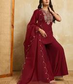 Maroon embroidered roman silk kurti with plazzo and duppata set
