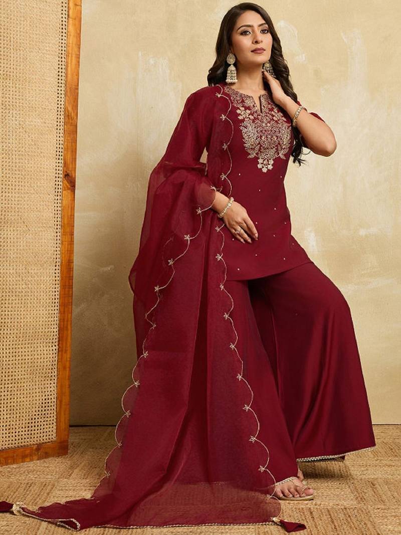 Maroon embroidered roman silk kurti with plazzo and duppata set