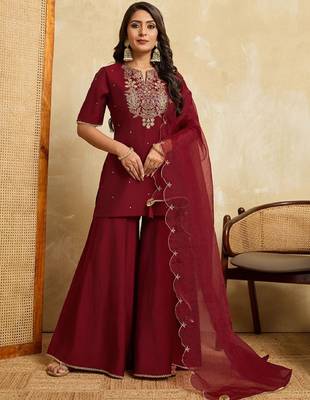 Maroon embroidered roman silk kurti with plazzo and duppata set 2