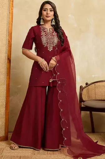 Maroon embroidered roman silk kurti with plazzo and duppata set