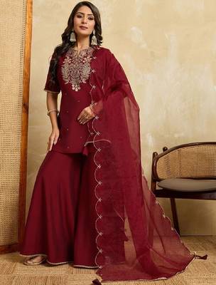 Maroon embroidered roman silk kurti with plazzo and duppata set 3