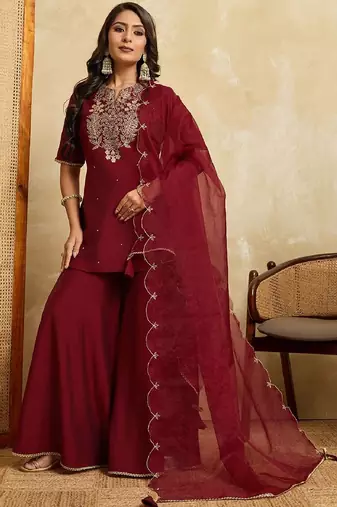 Maroon embroidered roman silk kurti with plazzo and duppata set