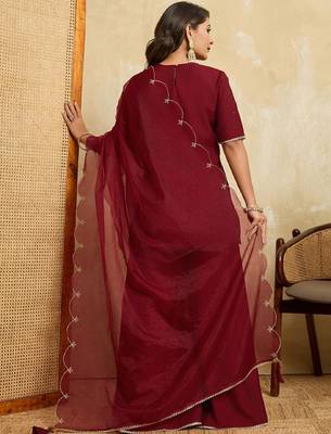 Maroon embroidered roman silk kurti with plazzo and duppata set 4