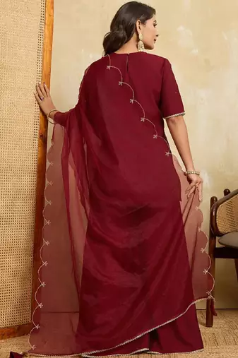 Maroon embroidered roman silk kurti with plazzo and duppata set