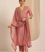 Peach embroidered roman silk kurti with pant and duppata set